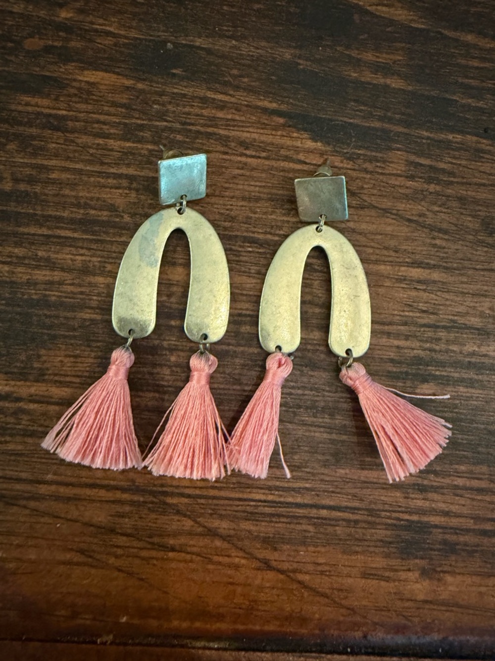 Pink Tassel Drop Earrings with Gold-tone Arches